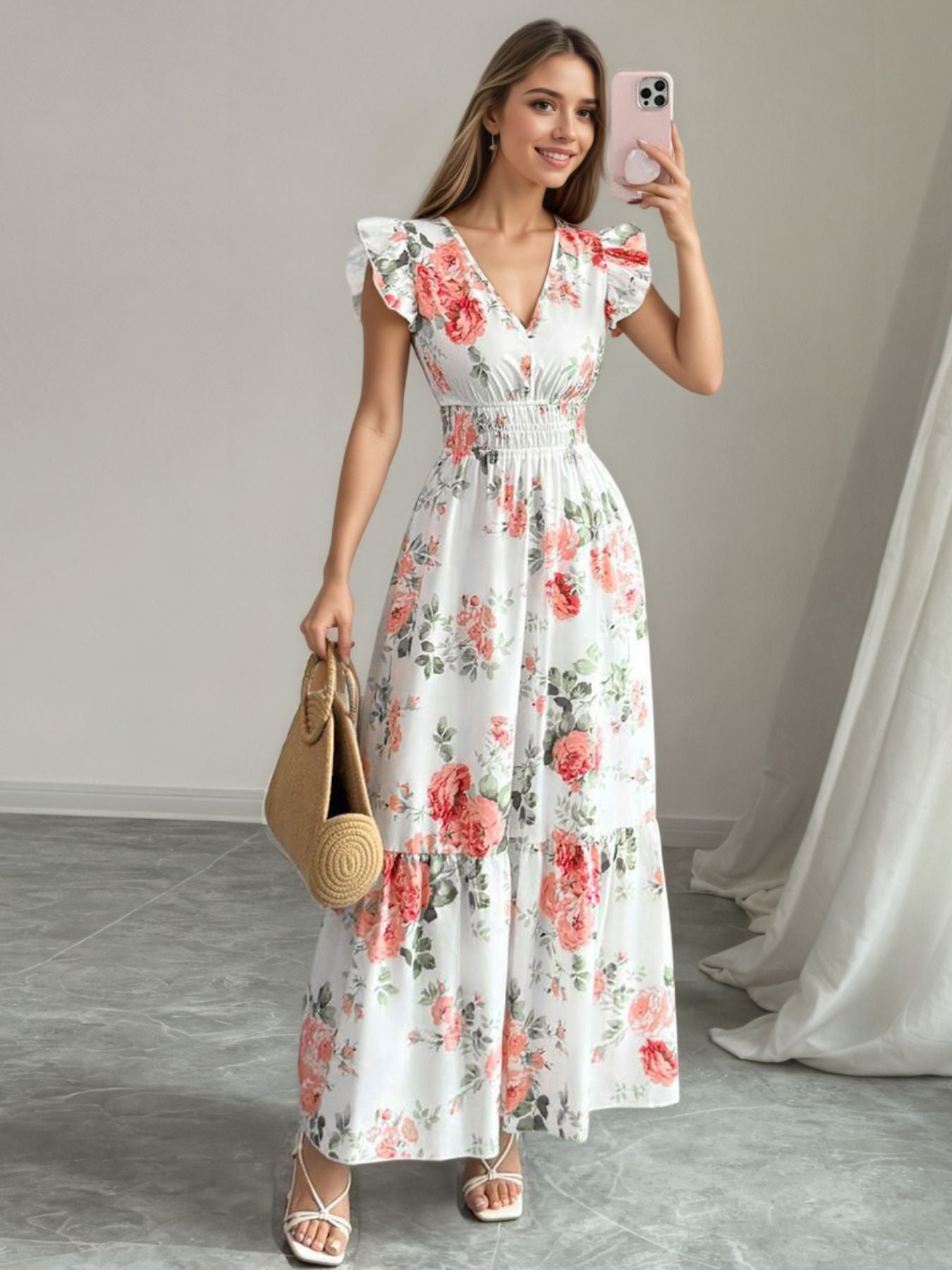 floral ruffle tiered maxi dress Floral Ruffle Sleeve Tiered Maxi Dress | Women's Romantic Dress
