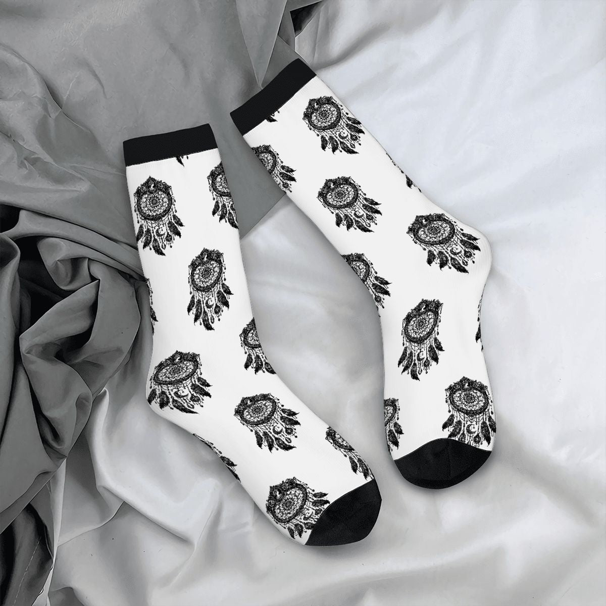 Boho Dreamcatcher Crew Socks – Black & White Mandala Pattern Socks