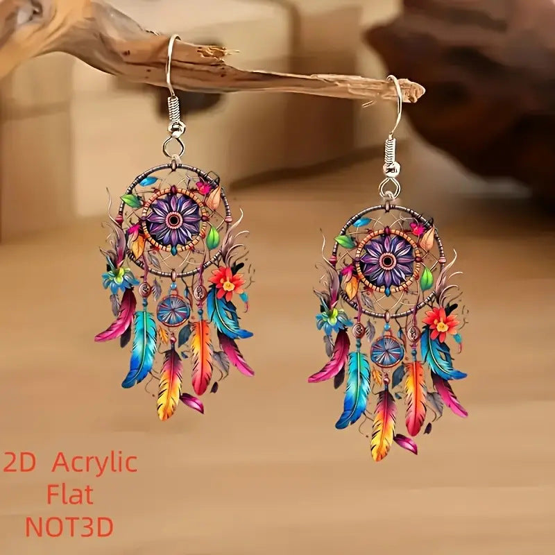 Dreamcatcher Pattern Flat Acrylic Earrings | Boho Statement Ear Jewelry | Lightweight