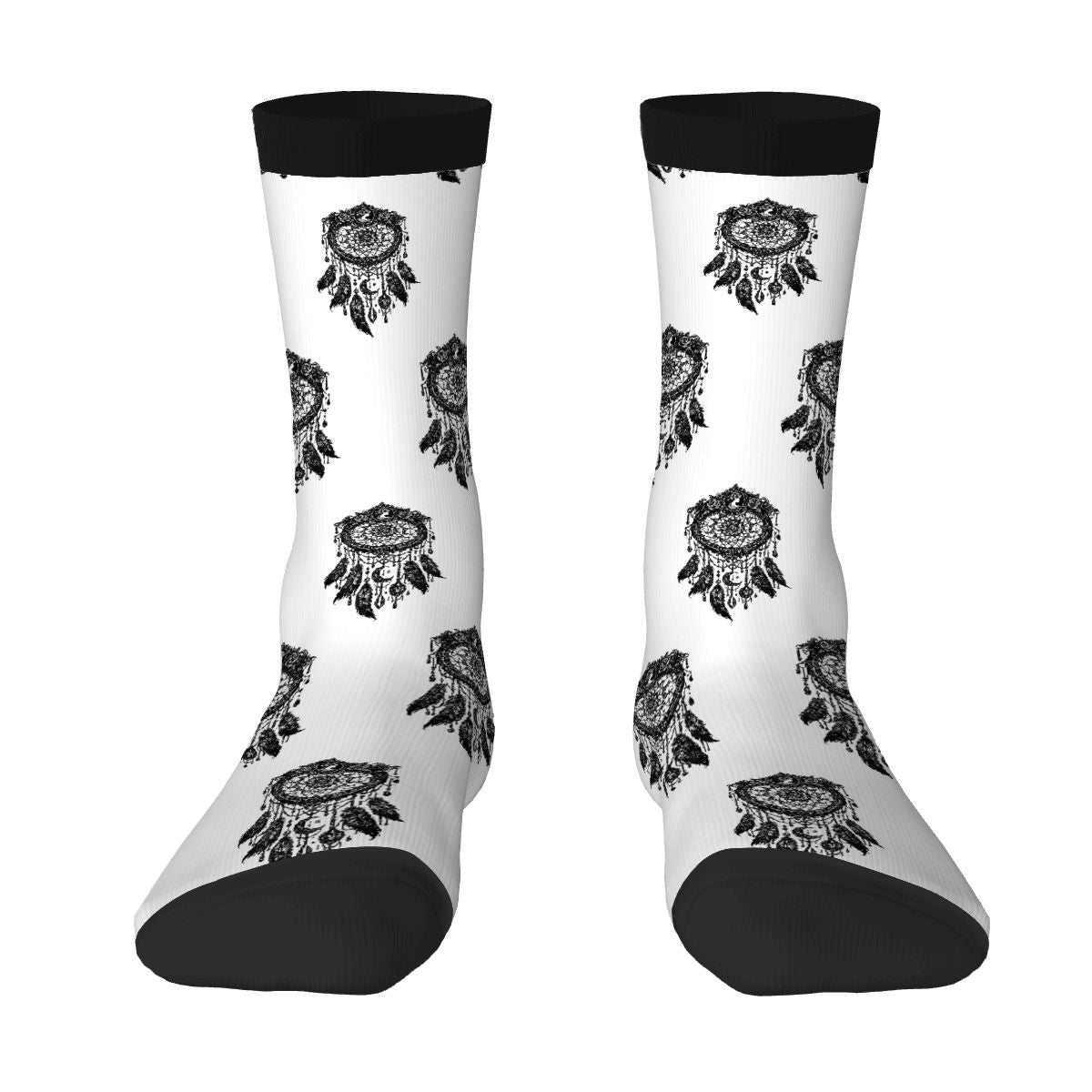 Boho Dreamcatcher Crew Socks – Black & White Mandala Pattern Socks