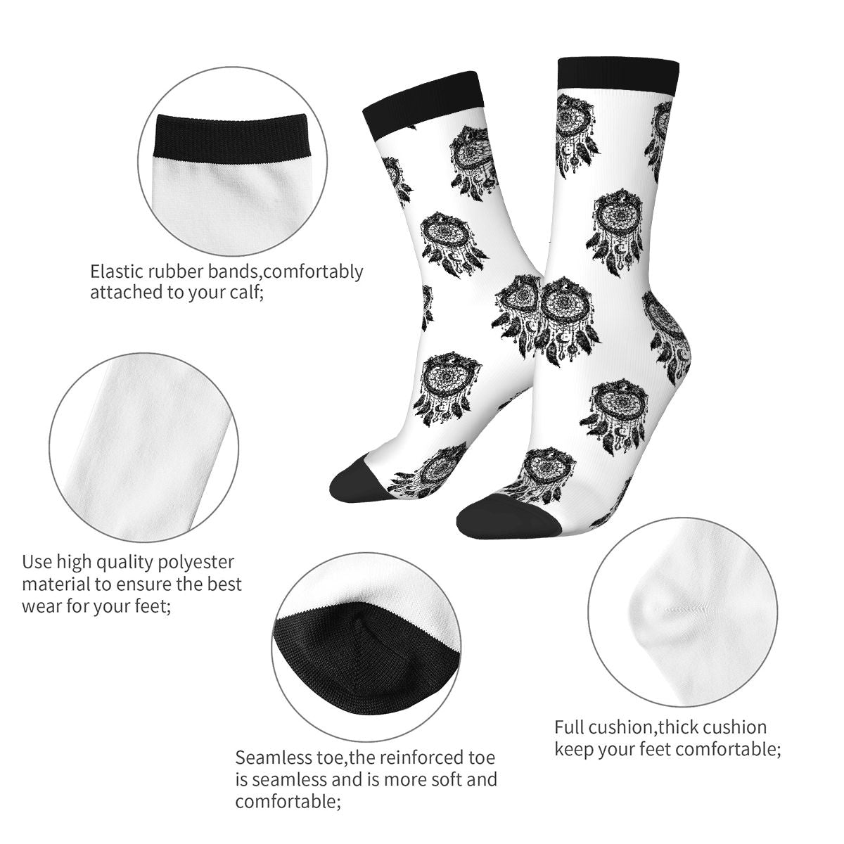 Boho Dreamcatcher Crew Socks – Black & White Mandala Pattern Socks