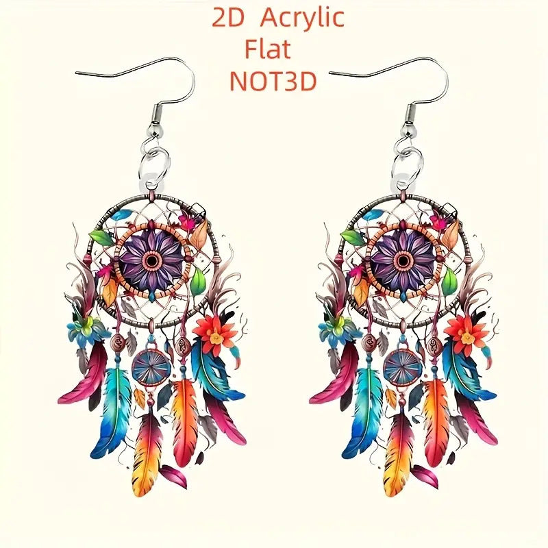 Dreamcatcher Pattern Flat Acrylic Earrings | Boho Statement Ear Jewelry | Lightweight