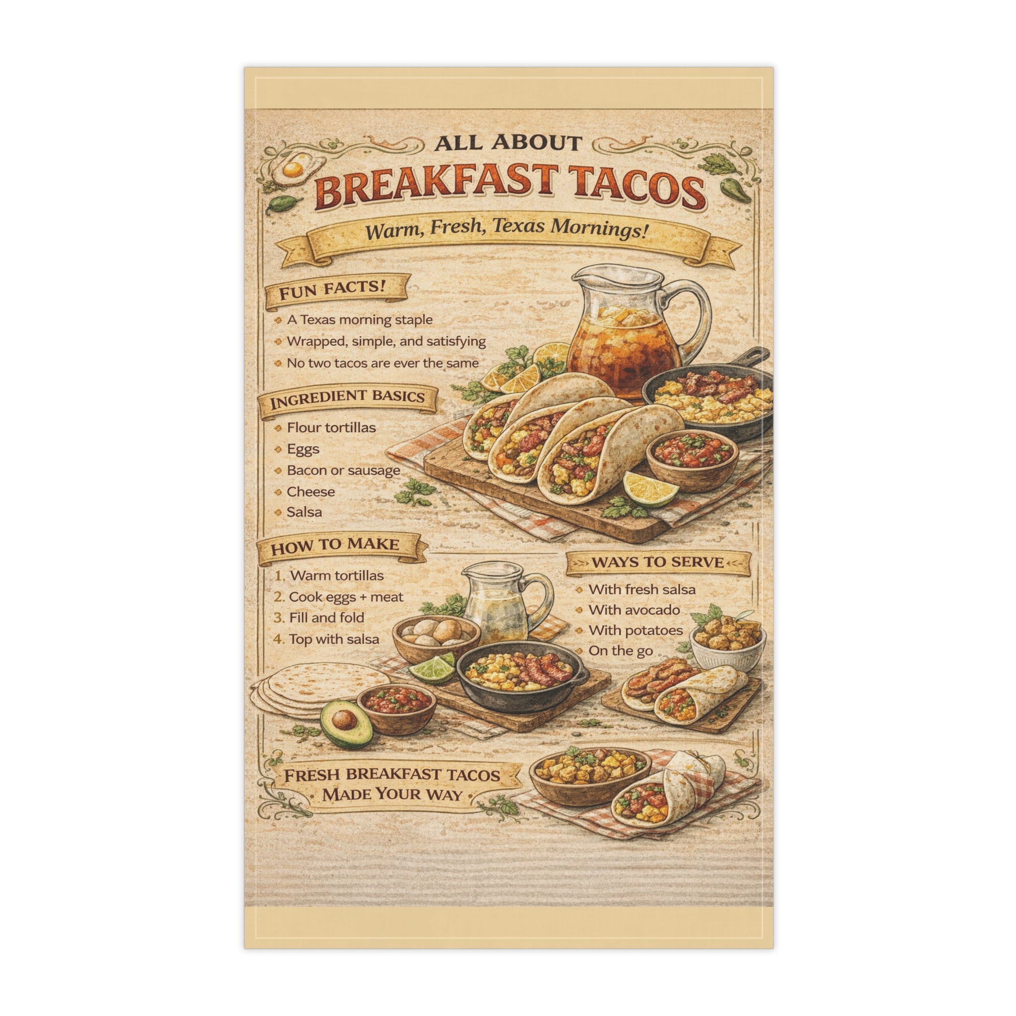 Breakfast Tacos Tea Towel – Vintage Recipe Kitchen Decor