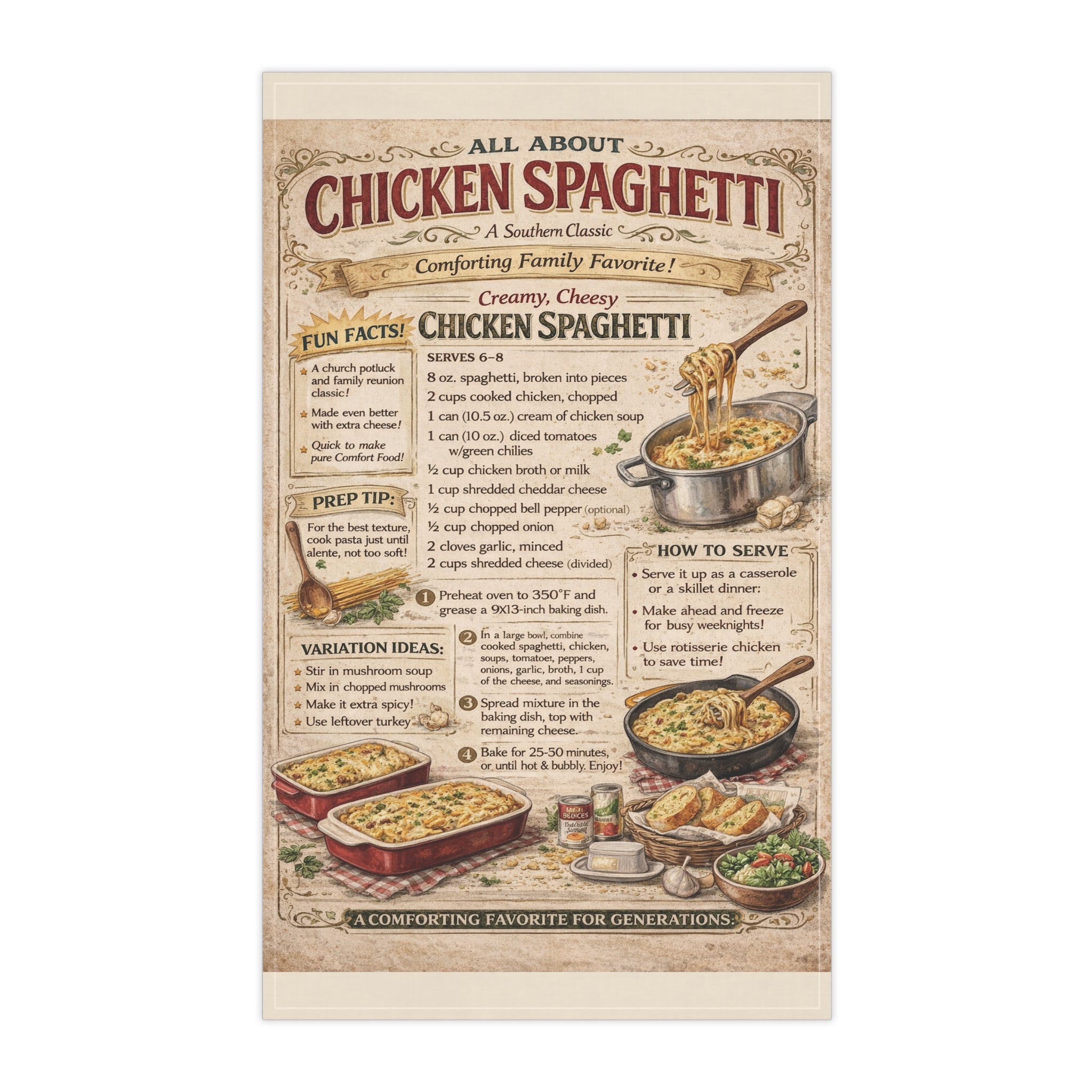 Chicken Spaghetti Recipe Tea Towel