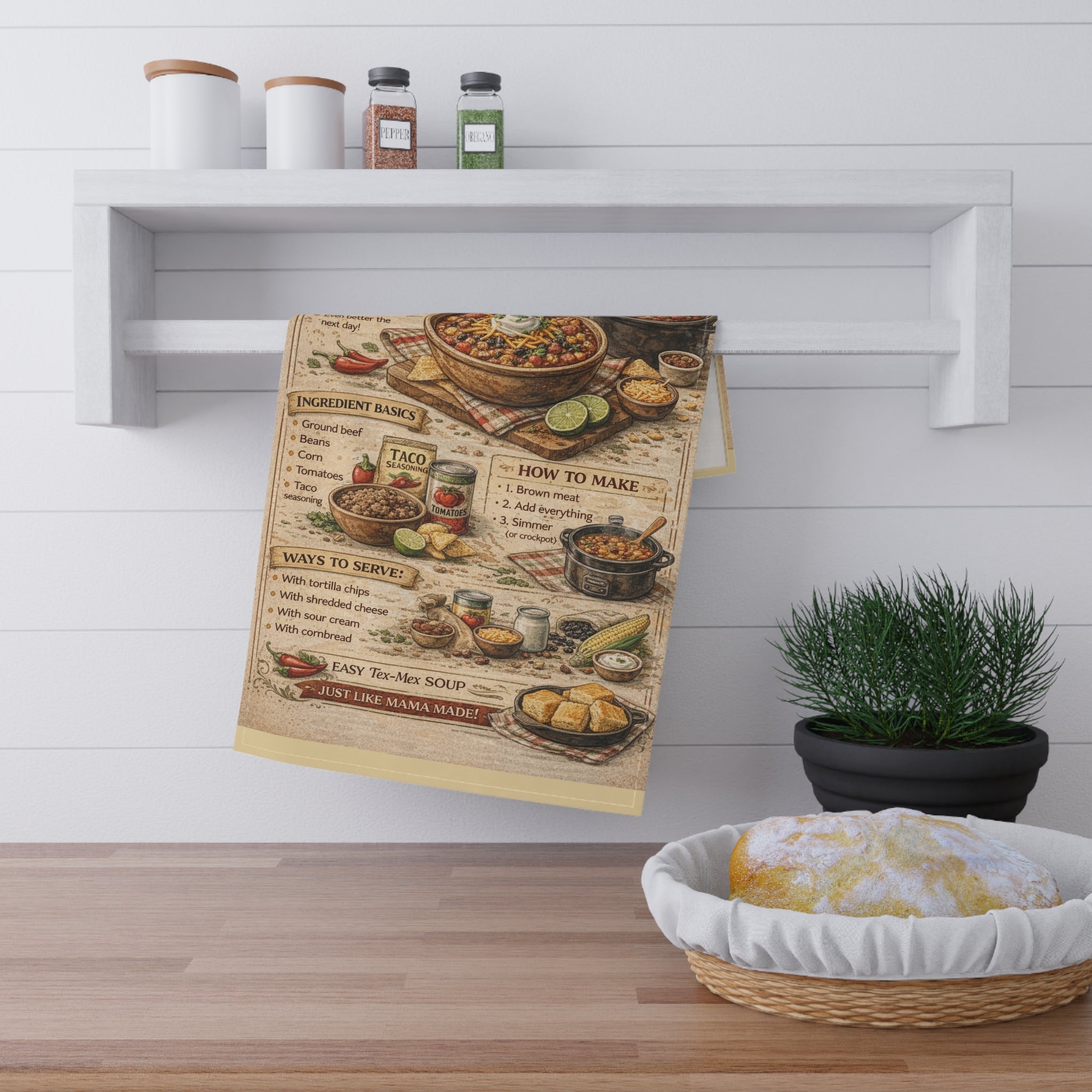 Taco Soup Tea Towel – Vintage Recipe Kitchen Decor, Farmhouse Tex-Mex Cooking Guide