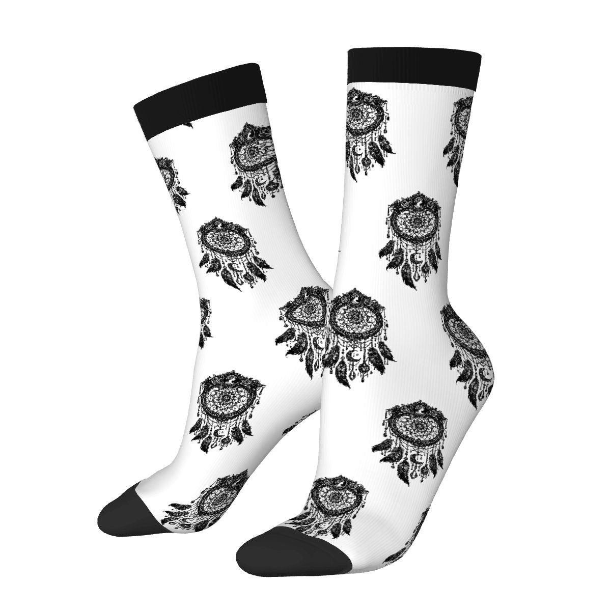 Boho Dreamcatcher Crew Socks – Black & White Mandala Pattern Socks