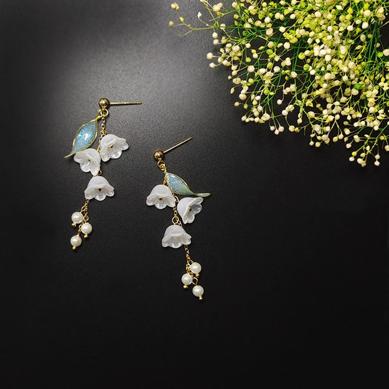 Lily of the Valley Long Tassel Earrings | May Birth Flower Silver-Plated Jewelry