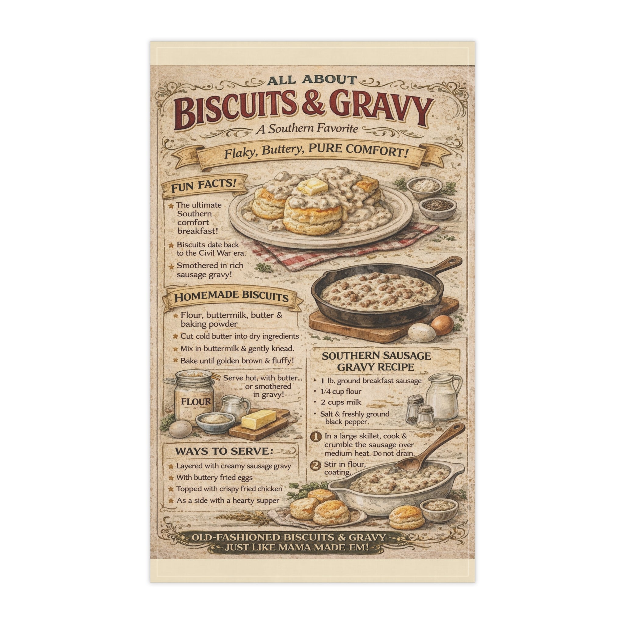 Biscuits & Gravy Tea Towel – Vintage Recipe Kitchen Decor, Farmhouse Breakfast Guide