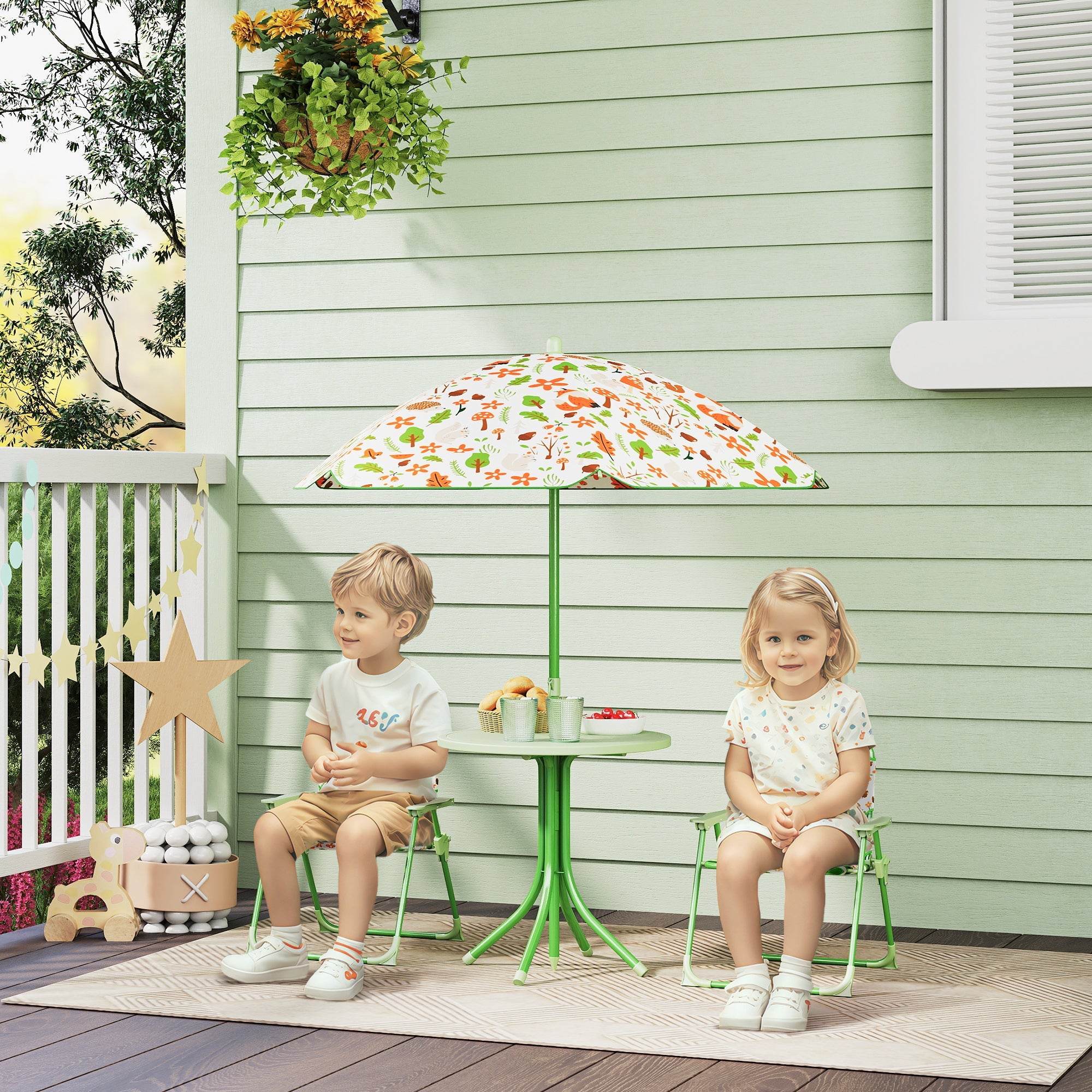 4 - Piece Kids Outdoor Garden Table & Chair Set with Adjustable Parasol | Nature Pattern - Maximus Grace