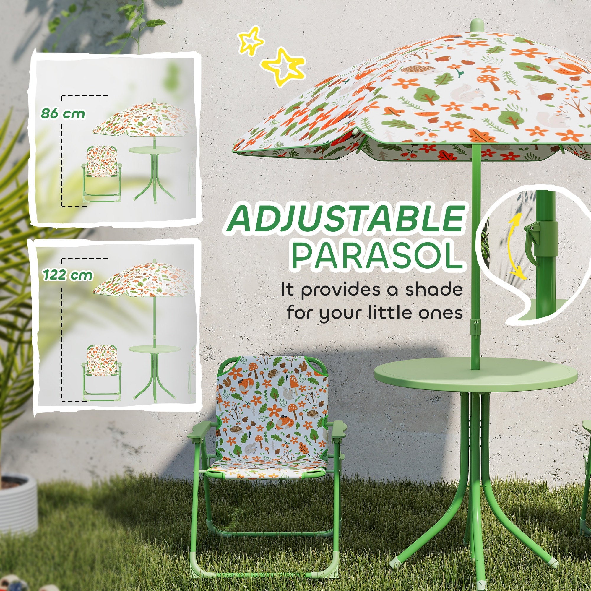 4 - Piece Kids Outdoor Garden Table & Chair Set with Adjustable Parasol | Nature Pattern - Maximus Grace