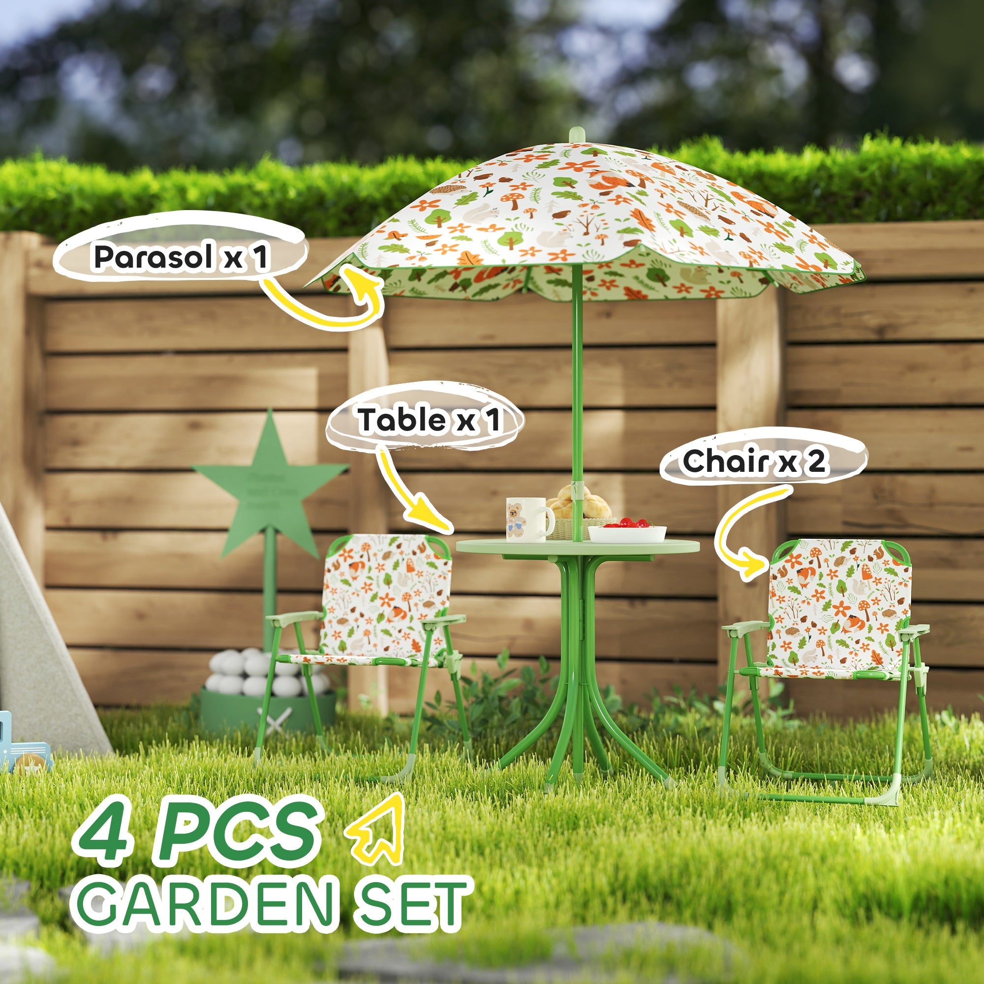 4 - Piece Kids Outdoor Garden Table & Chair Set with Adjustable Parasol | Nature Pattern - Maximus Grace