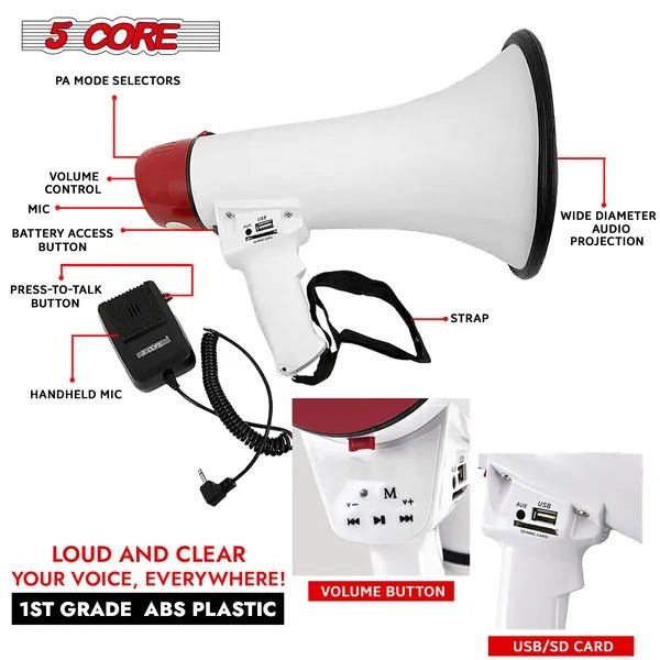 5 Core 50W Megaphone Bull Horn PA Speaker | 300M Range Voice Amplifier for Advocacy & Events - Maximus Grace