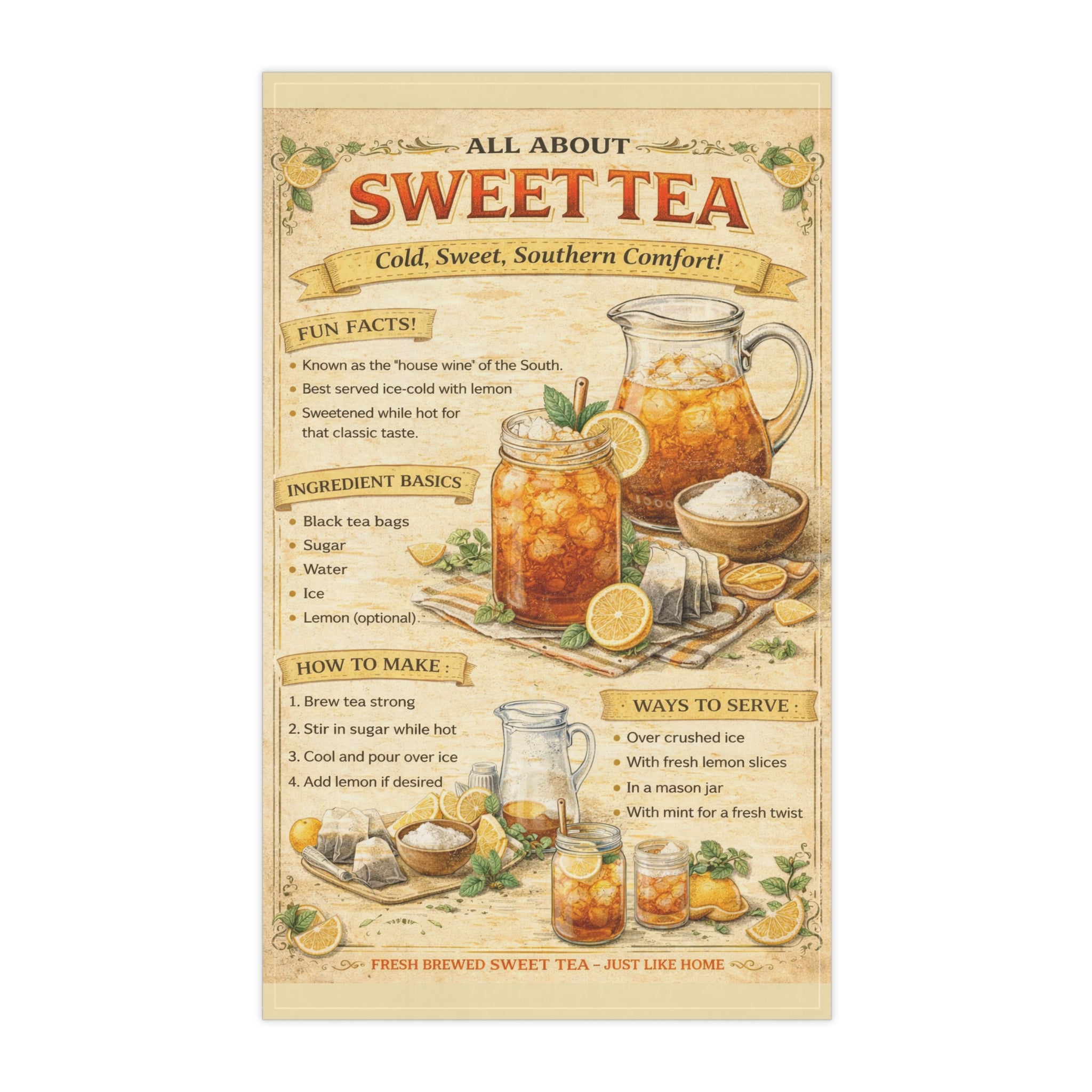 Sweet Tea Tea Towel – Vintage Recipe Kitchen Decor, Southern Drink Guide