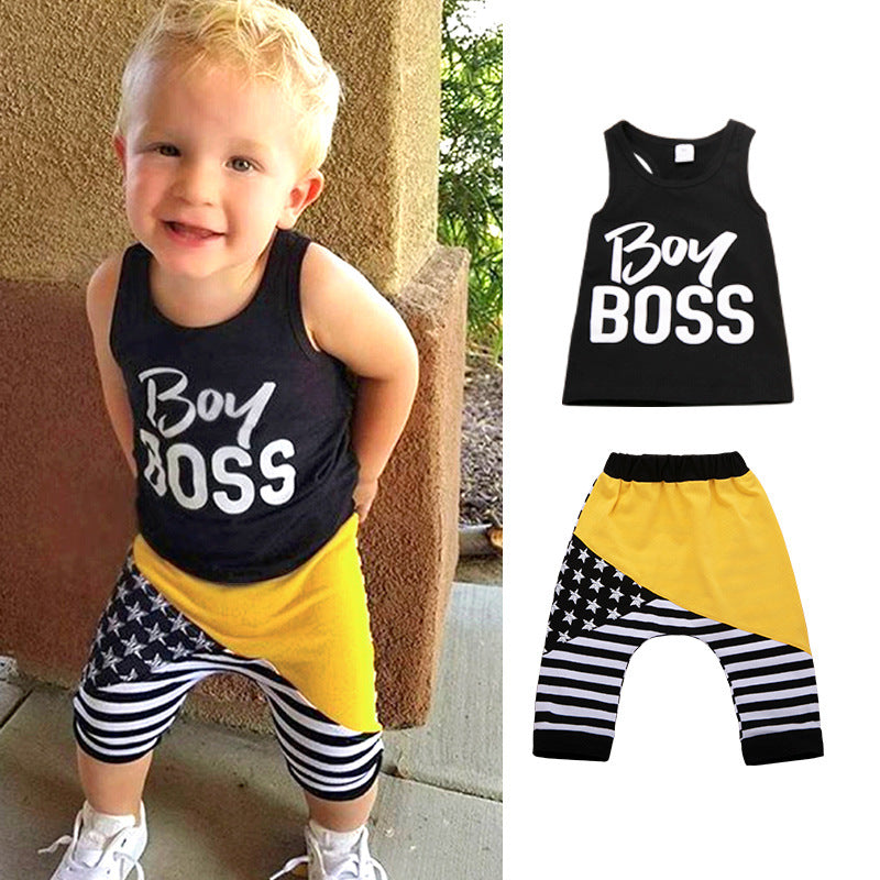 Kids Boy Boss Sleeveless Stripe & Letter Top & Shorts Set