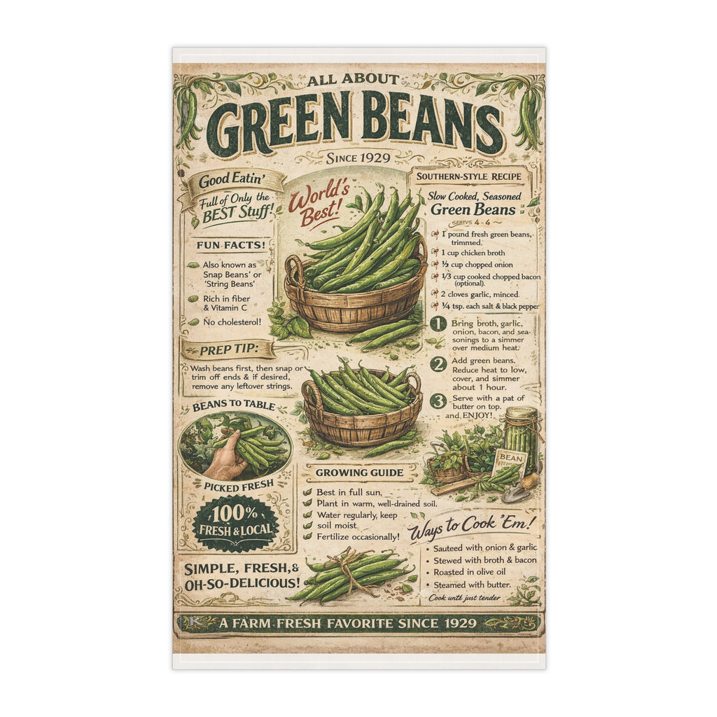 Green beans tea towel – vintage recipe farmhouse kitchen decor by Maximus Grace