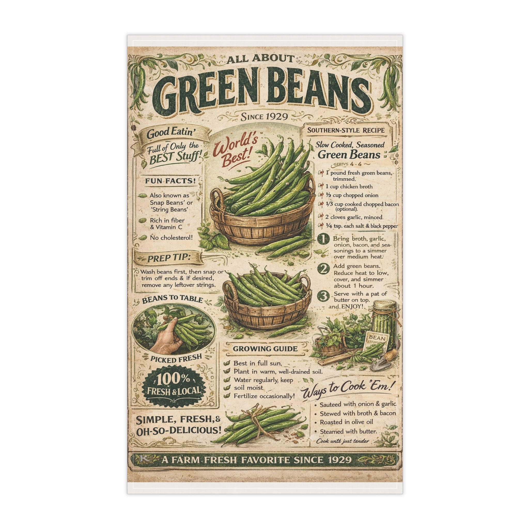 Green beans tea towel – vintage recipe farmhouse kitchen decor by Maximus Grace