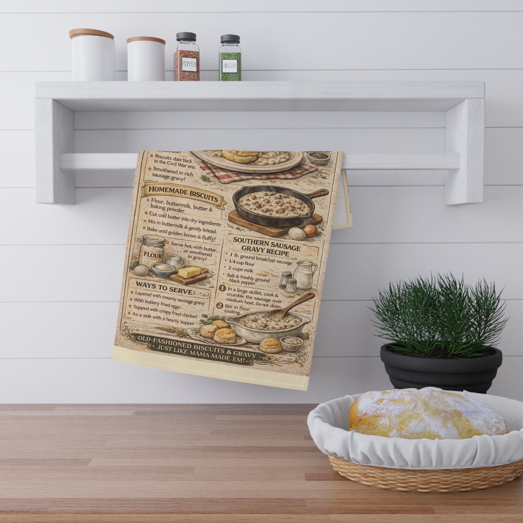 Biscuits & Gravy Tea Towel – Vintage Recipe Kitchen Decor, Farmhouse Breakfast Guide