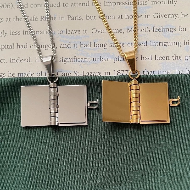 Carved Openable Book Pendant Necklace – Book Lover Jewelry in Gold & Silver