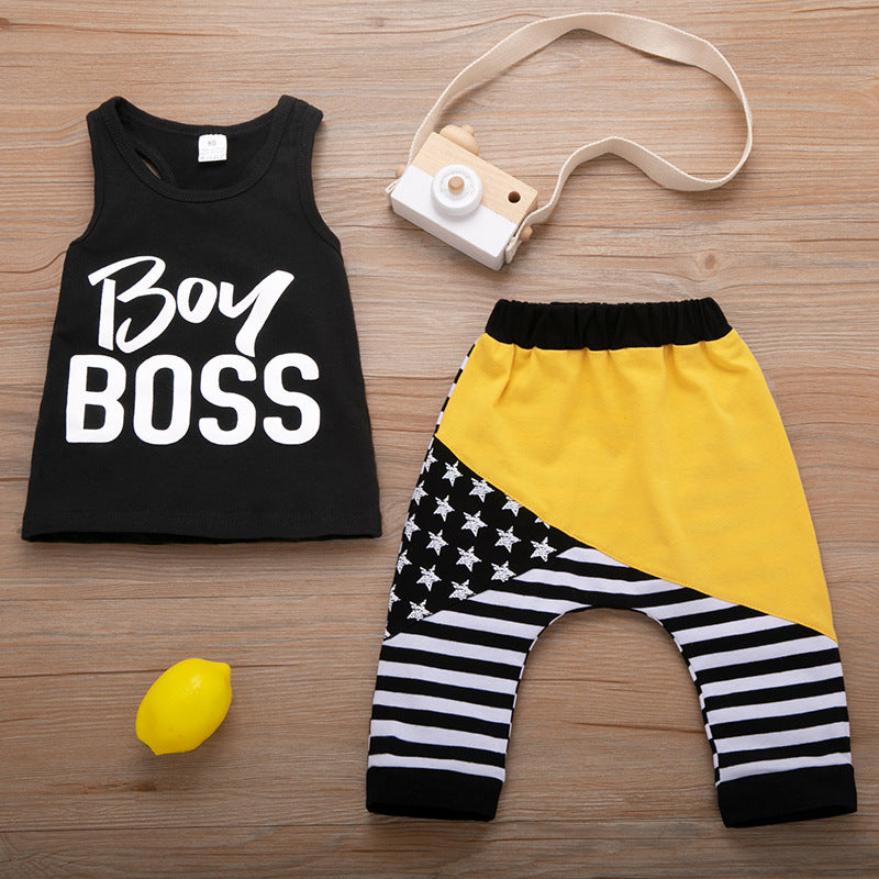 Kids Boy Boss Sleeveless Stripe & Letter Top & Shorts Set