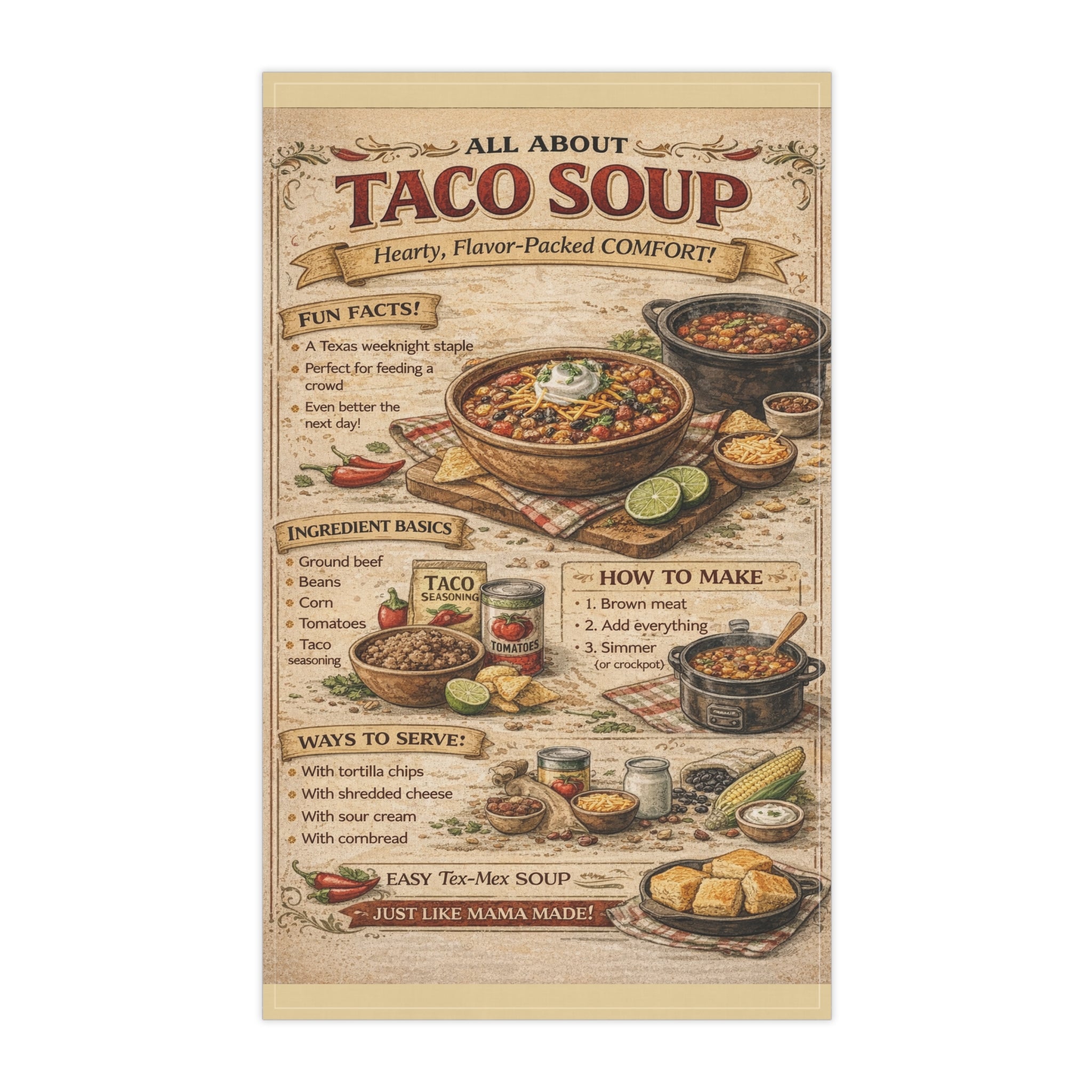 Taco Soup Tea Towel – Vintage Recipe Kitchen Decor, Farmhouse Tex-Mex Cooking Guide