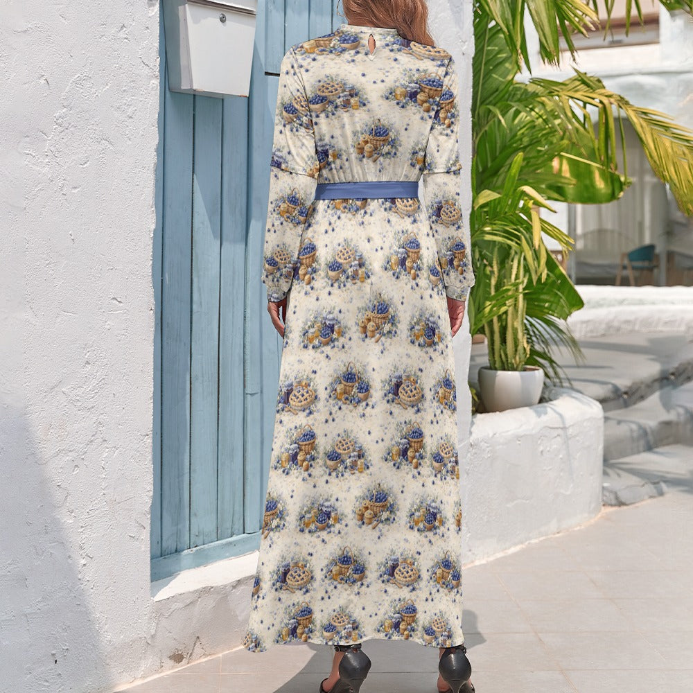 Blueberry Garden Maxi Dress – Long Sleeve Tie Waist Cottagecore Dress