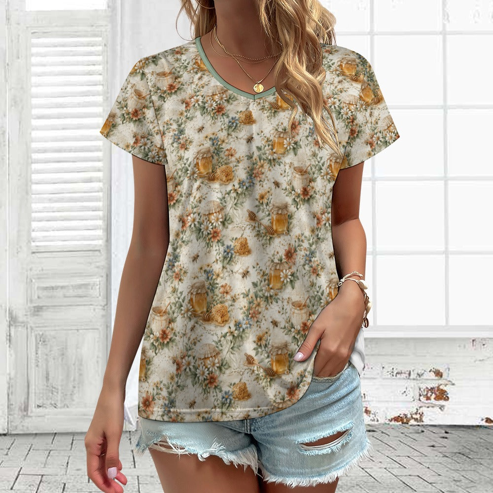 Golden Honey Bloom Tee – Southern Wildflower V-Neck