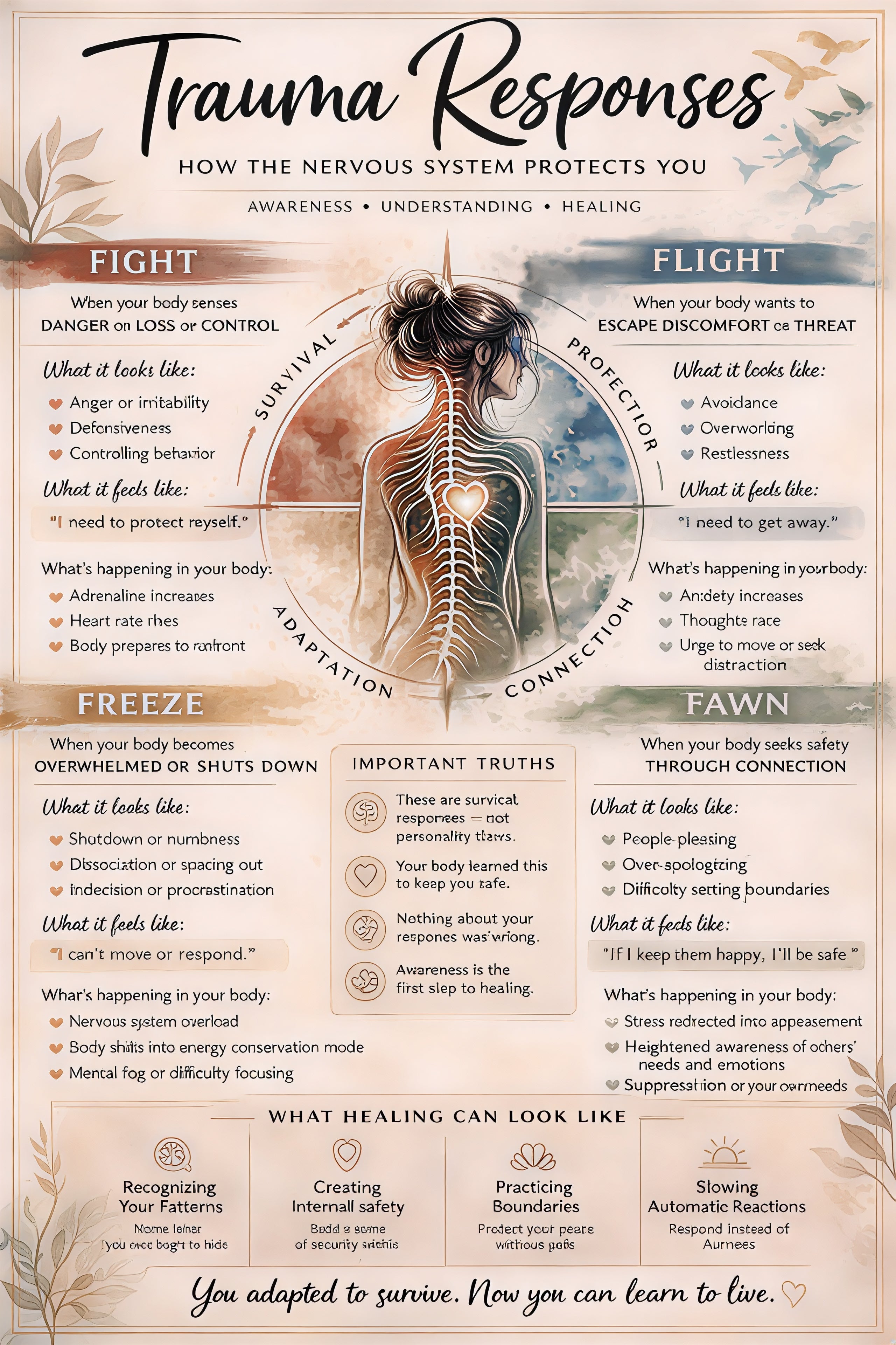 Trauma responses poster – Fight Flight Freeze Fawn framed educational print