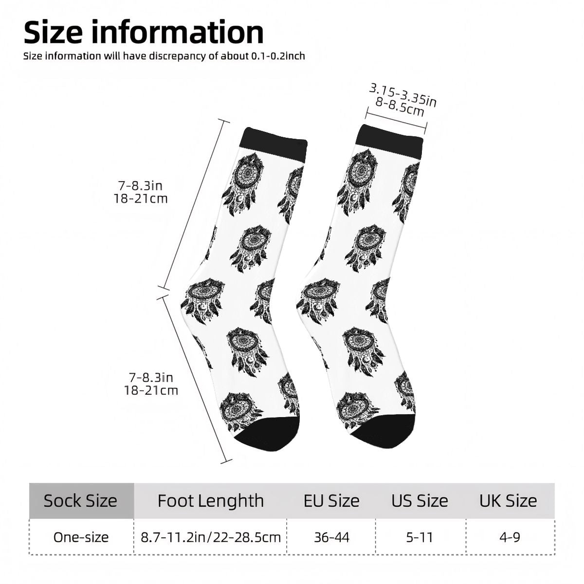 Boho Dreamcatcher Crew Socks – Black & White Mandala Pattern Socks