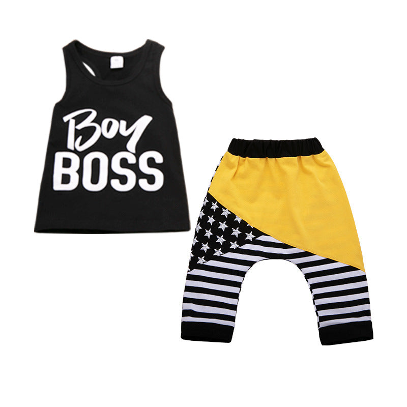 Kids Boy Boss Sleeveless Stripe & Letter Top & Shorts Set