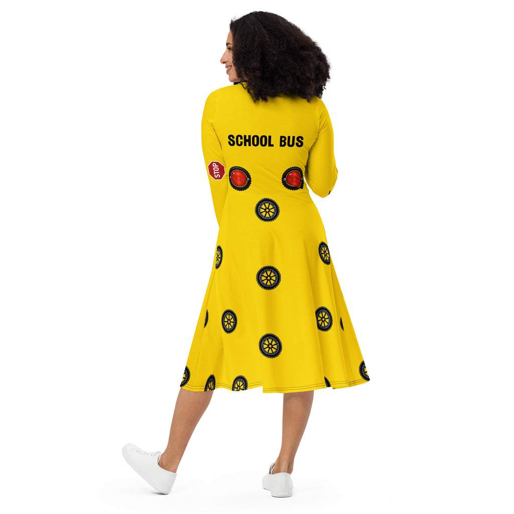 School bus teacher dress – Wheels on the Bus classroom dress with pockets by Maximus Grace