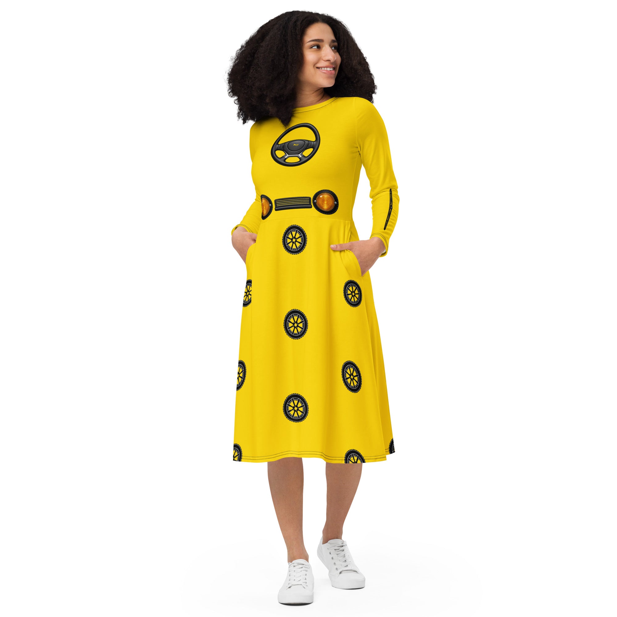 School bus teacher dress – Wheels on the Bus classroom dress with pockets by Maximus Grace