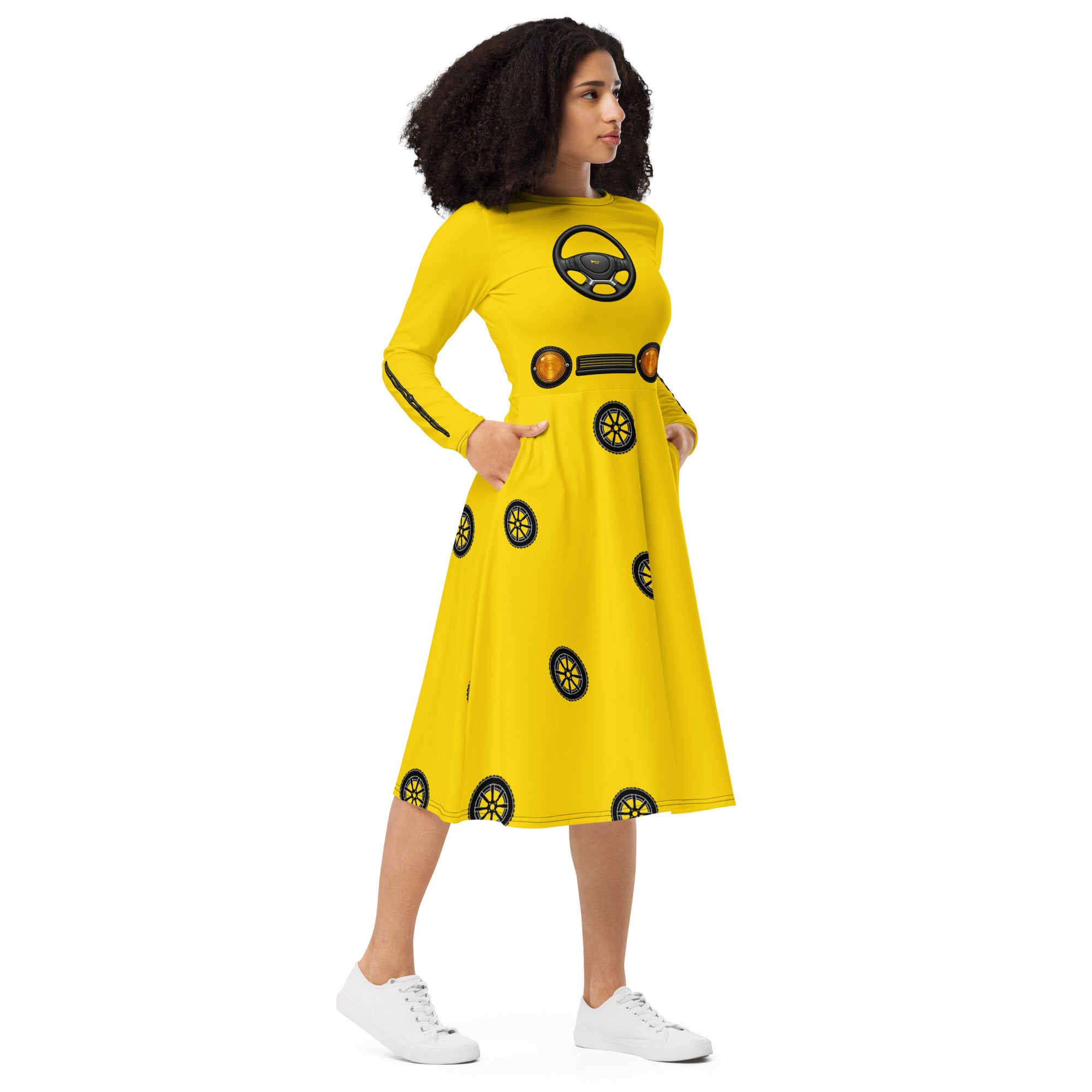 School bus teacher dress – Wheels on the Bus classroom dress with pockets by Maximus Grace