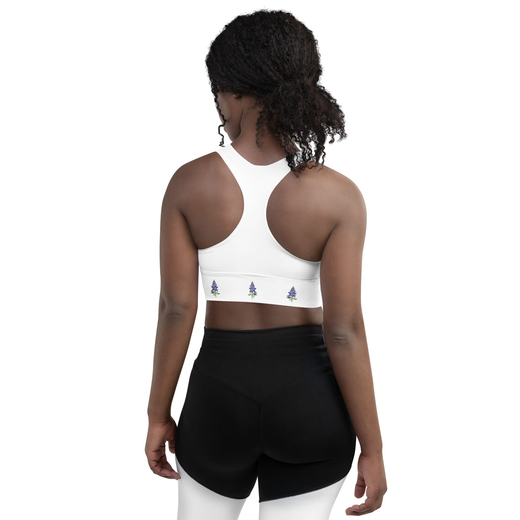 Texas bluebonnet sports bra – floral longline activewear by Maximus Grace