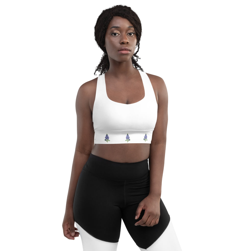 Texas bluebonnet sports bra – floral longline activewear by Maximus Grace