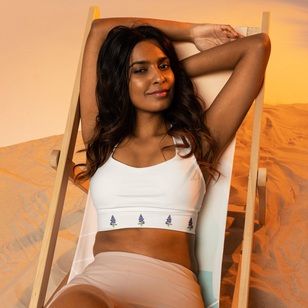 Texas bluebonnet sports bra – floral longline activewear by Maximus Grace