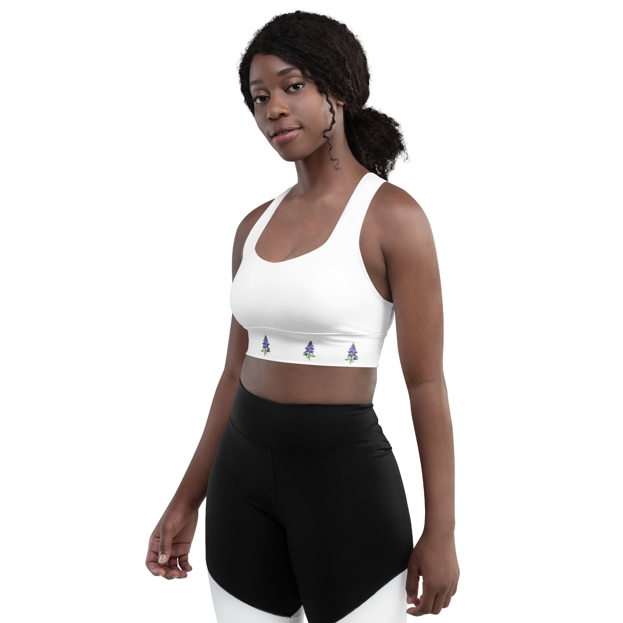 Texas bluebonnet sports bra – floral longline activewear by Maximus Grace
