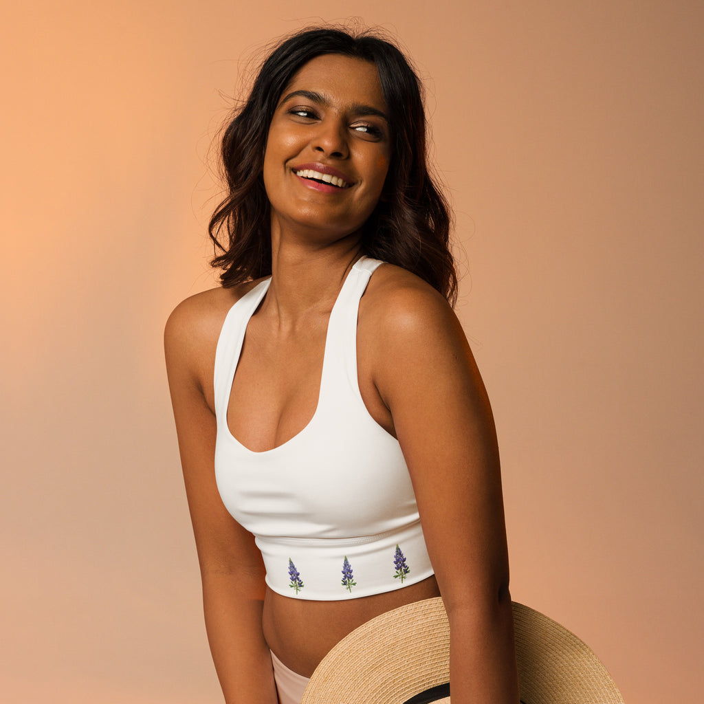 Texas bluebonnet sports bra – floral longline activewear by Maximus Grace