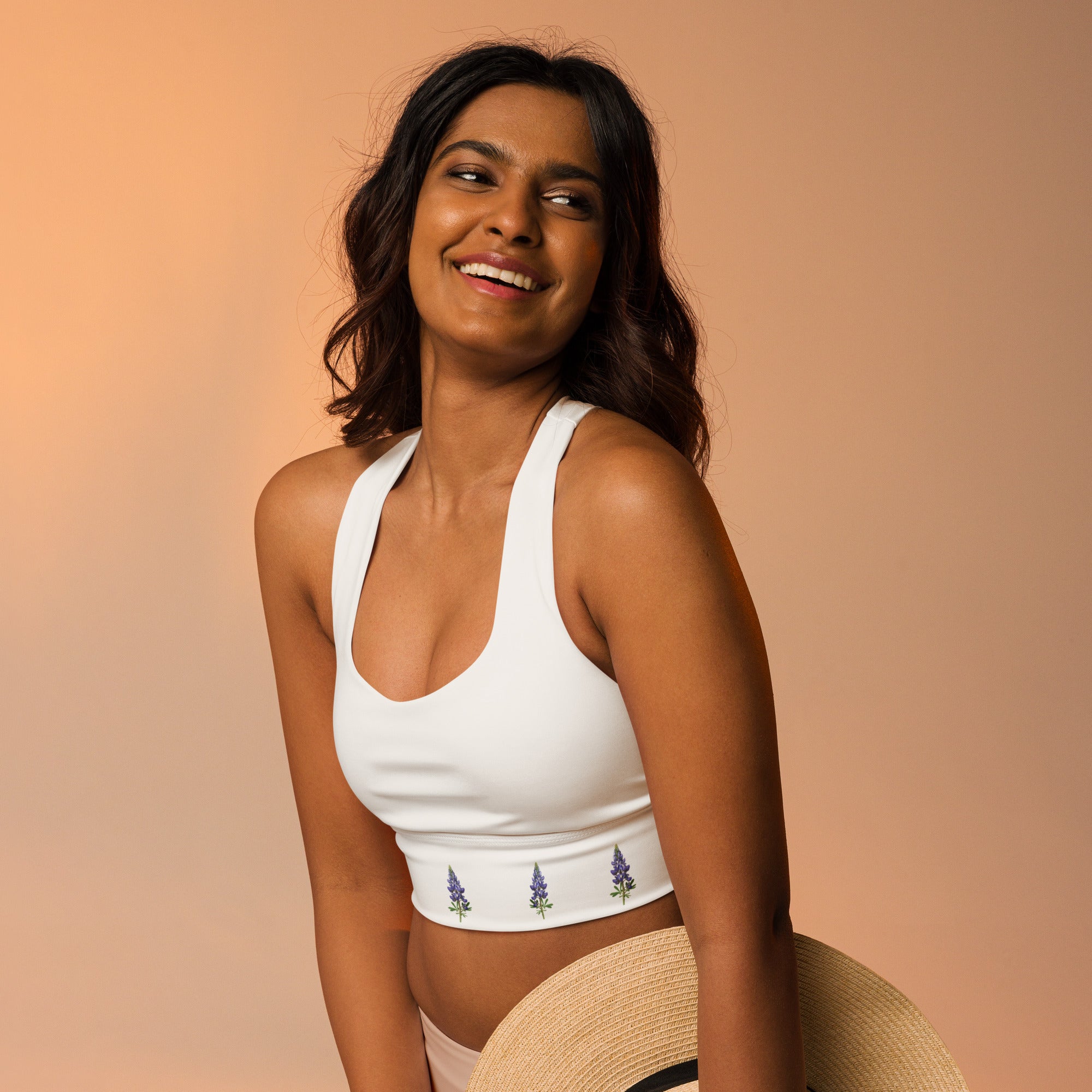 Texas bluebonnet sports bra – floral longline activewear by Maximus Grace