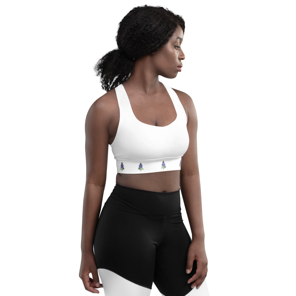 Texas bluebonnet sports bra – floral longline activewear by Maximus Grace