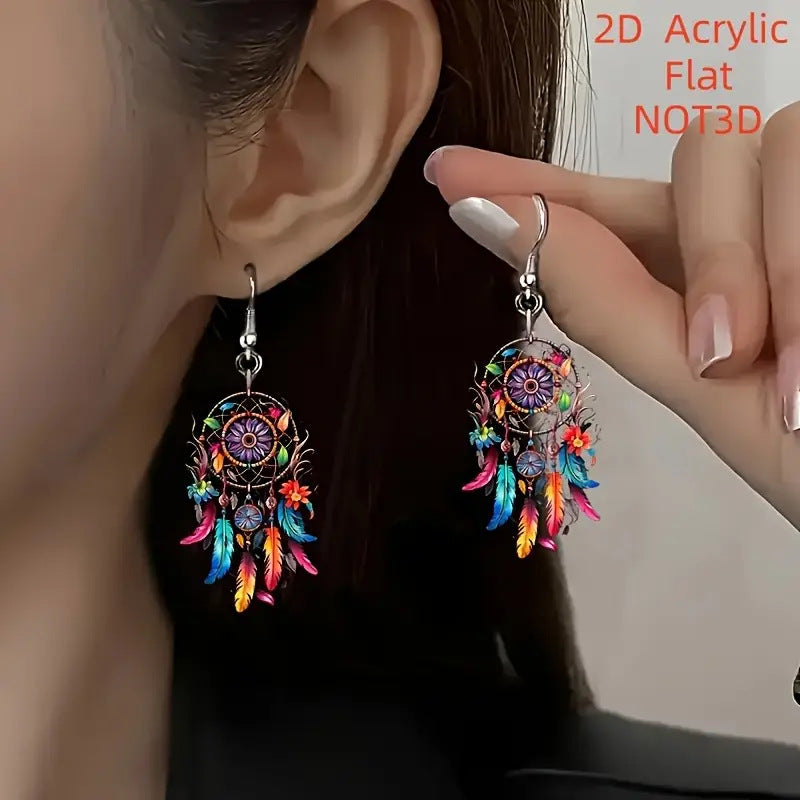 Dreamcatcher Pattern Flat Acrylic Earrings | Boho Statement Ear Jewelry | Lightweight