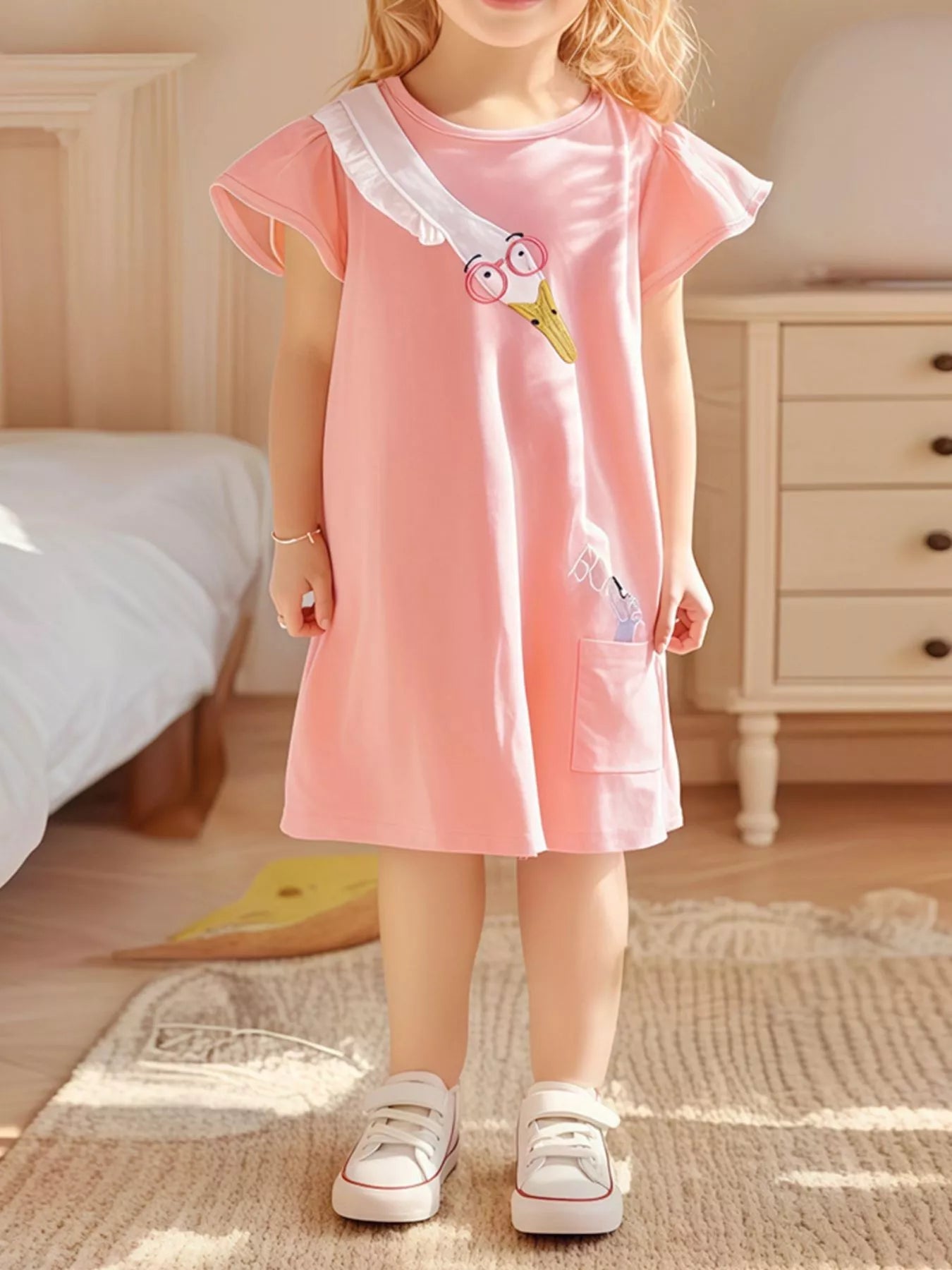 Children's Goose Ruffle Sleeve Dress | Girls' Blush Pink Cotton Dress | Sizes 2Y - 7Y - Maximus Grace