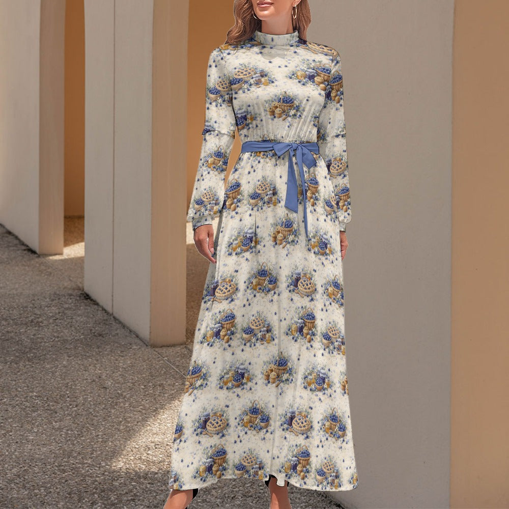 Blueberry Garden Maxi Dress – Long Sleeve Tie Waist Cottagecore Dress