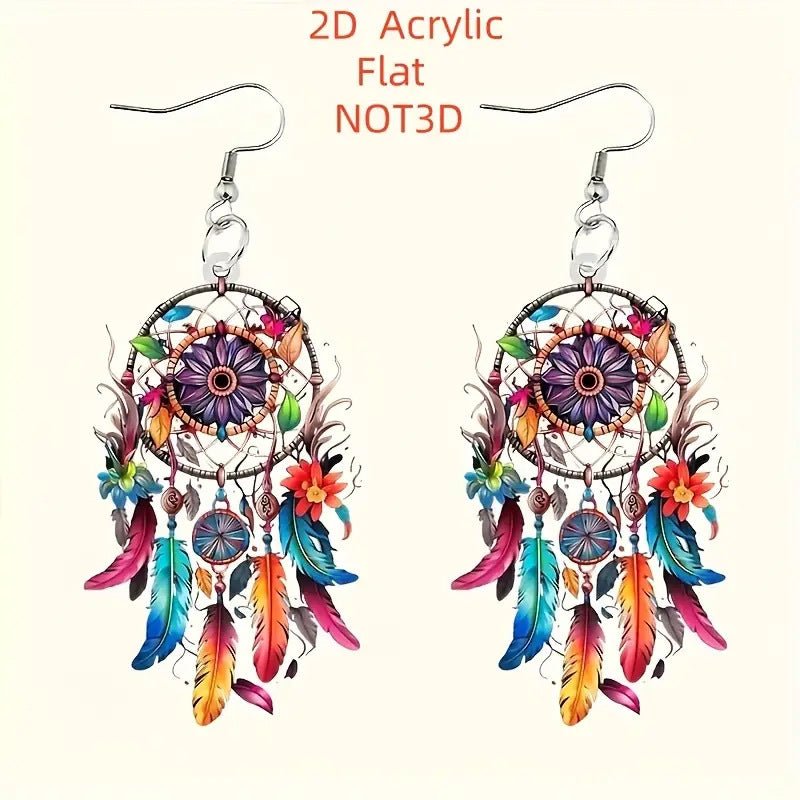 Dreamcatcher Pattern Flat Acrylic Earrings | Boho Statement Ear Jewelry | Lightweight - Maximus Grace