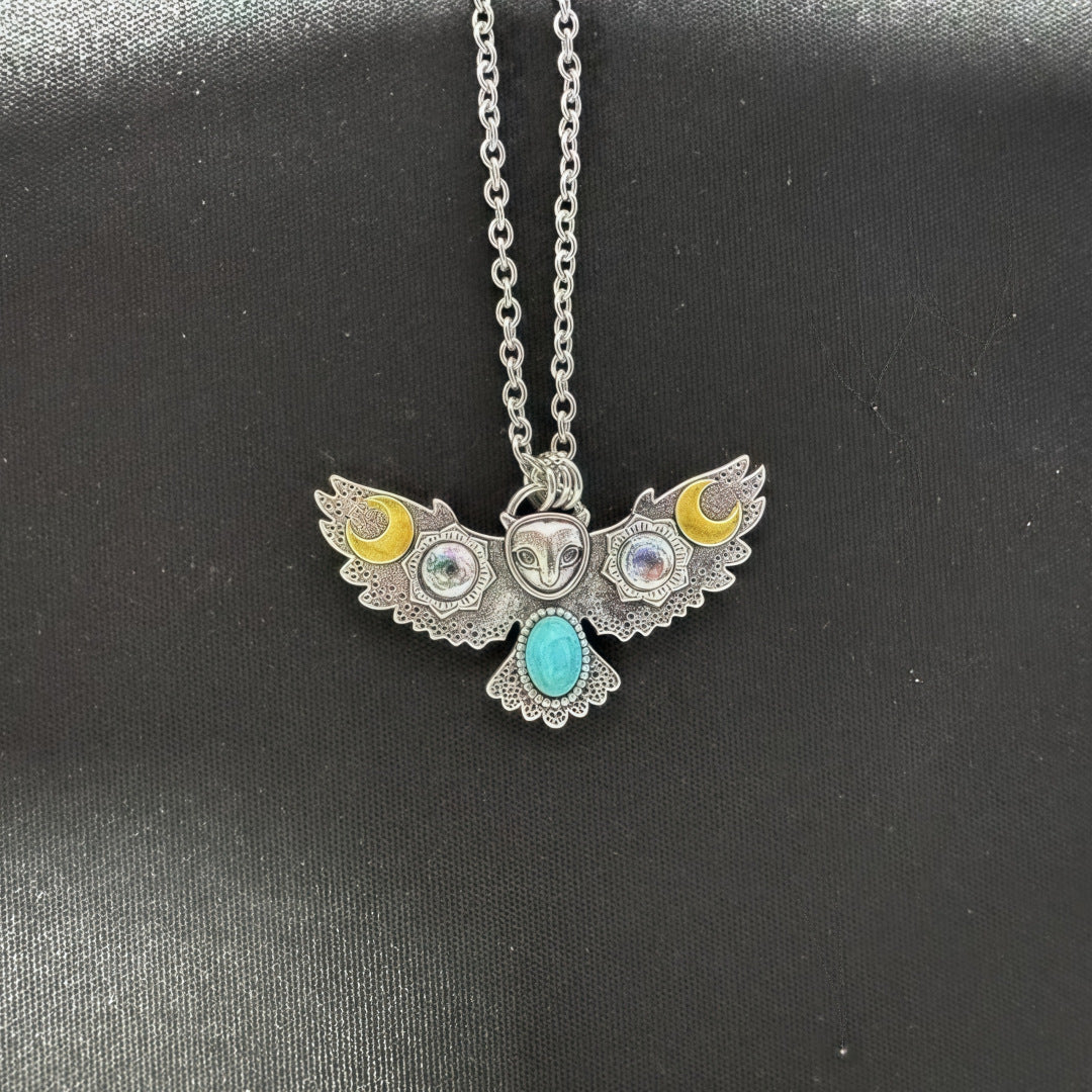 Owl Flower Moon Turquoise Necklace | May Flower Moon Wisdom Jewelry | Silver Unisex
