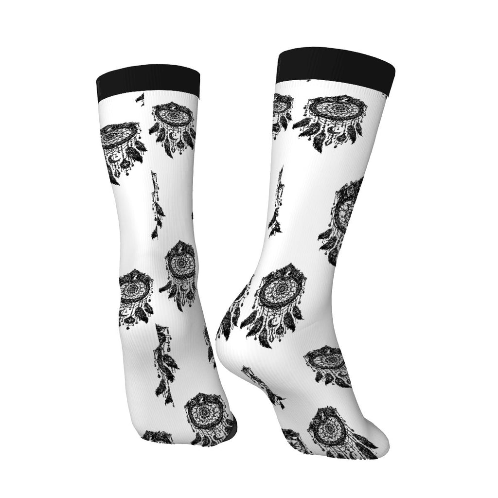 Boho Dreamcatcher Crew Socks – Black & White Mandala Pattern Socks