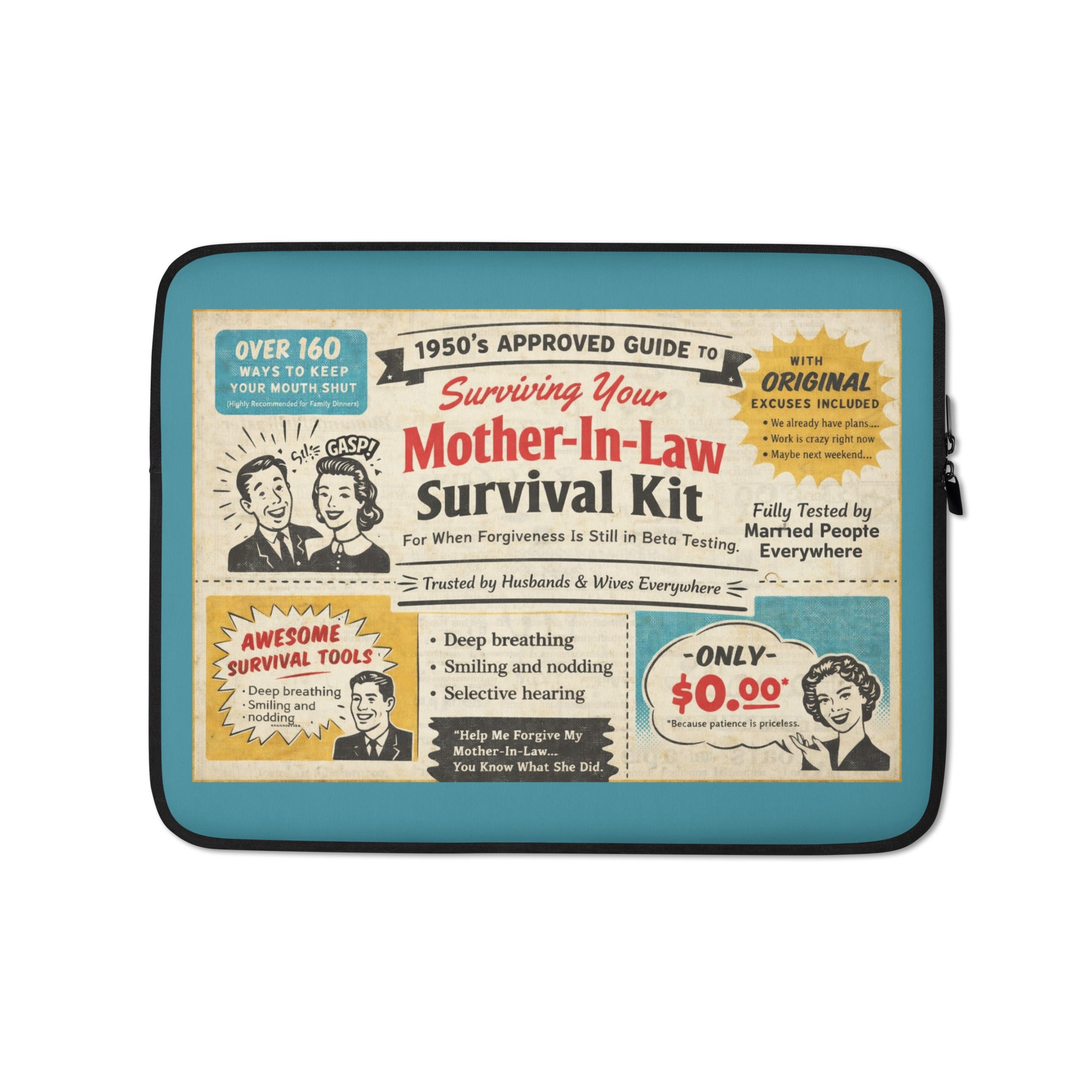 Mother-in-law survival kit retro laptop sleeve – funny gift by Maximus Grace