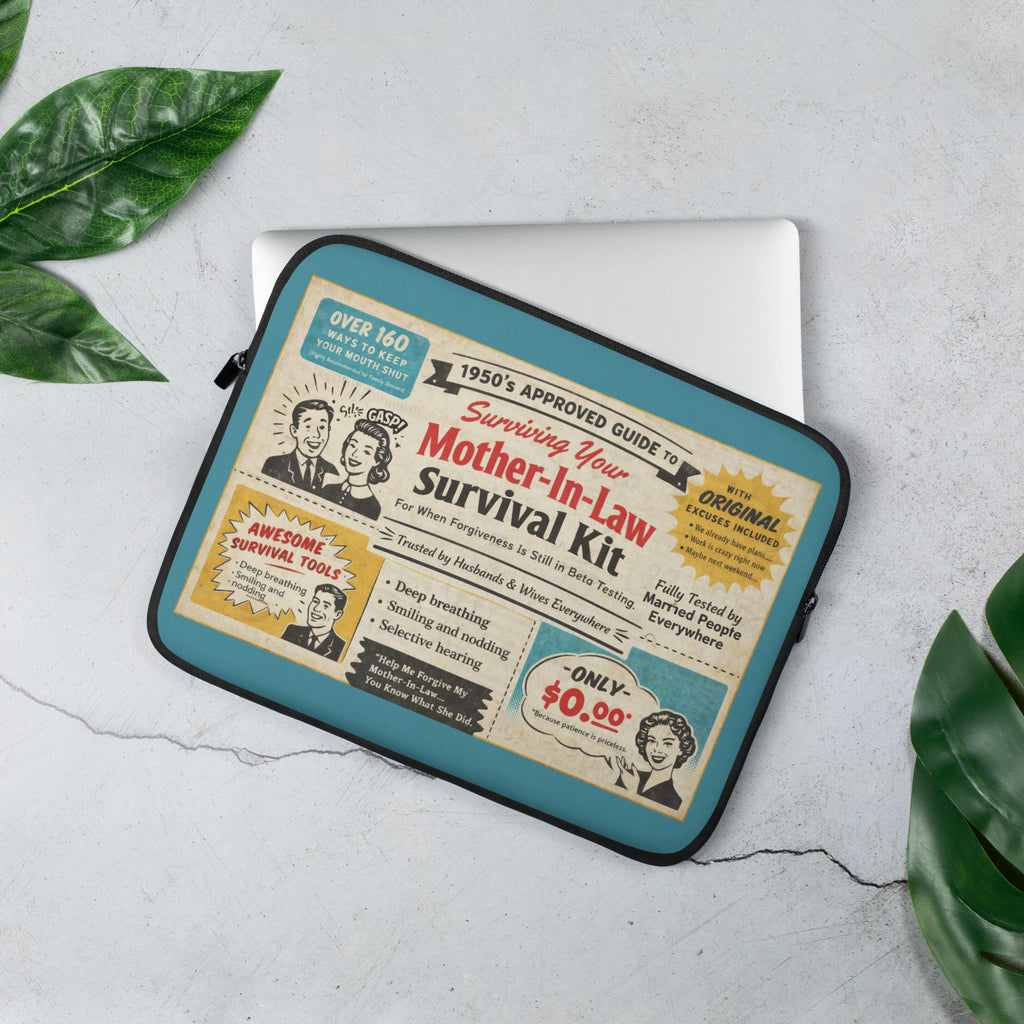 Mother-in-law survival kit retro laptop sleeve – funny gift by Maximus Grace