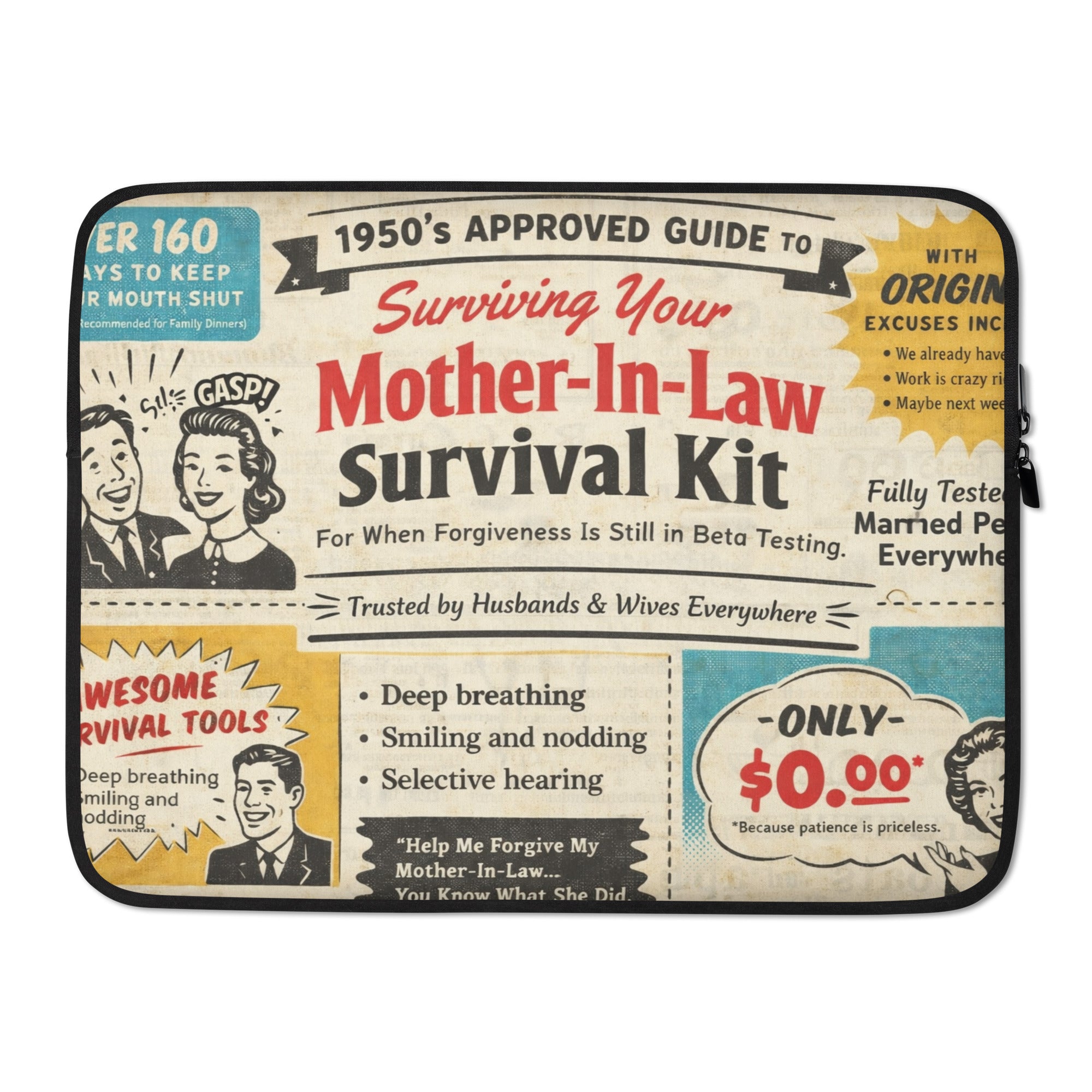 Mother-in-law survival kit retro laptop sleeve – funny gift by Maximus Grace