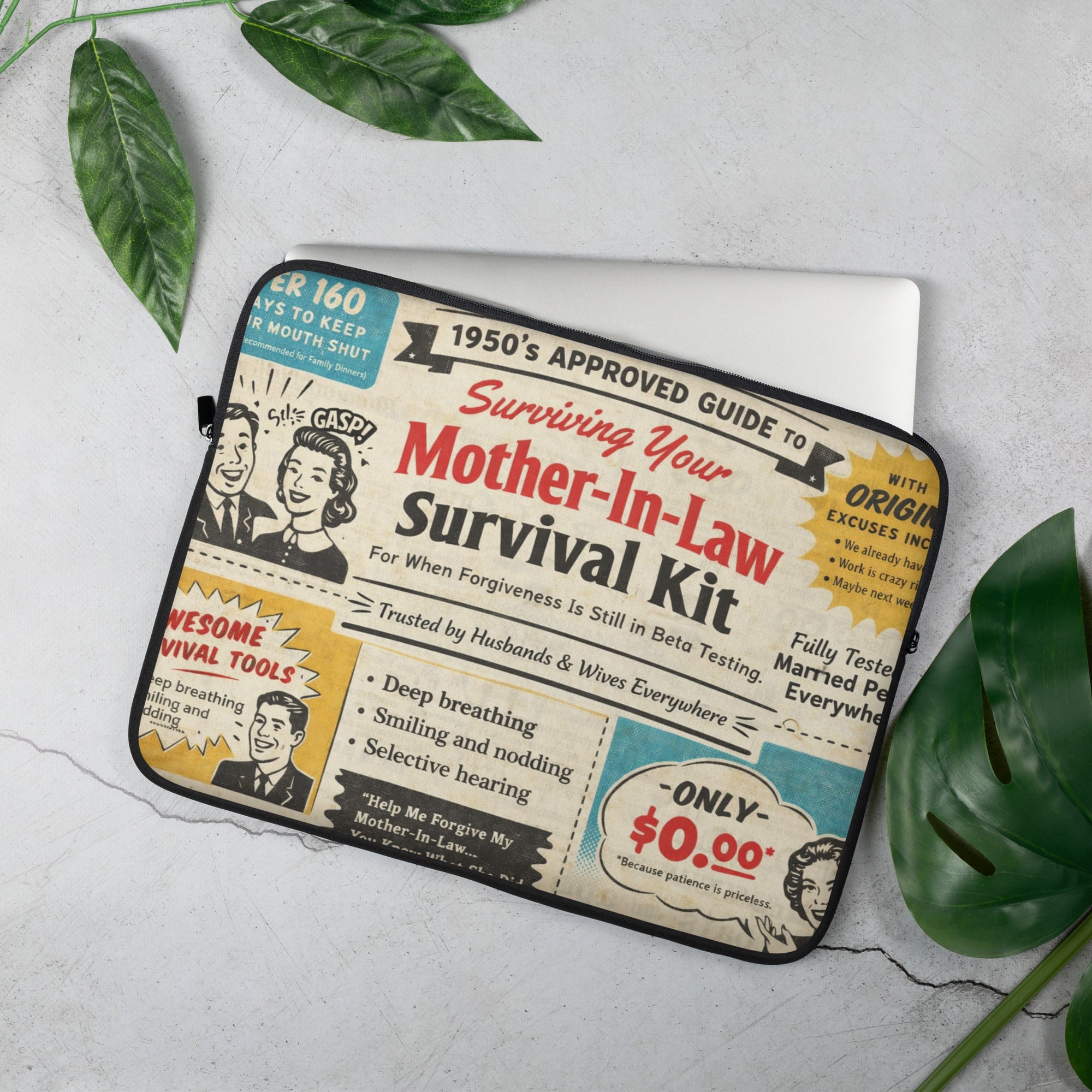 Mother-in-law survival kit retro laptop sleeve – funny gift by Maximus Grace