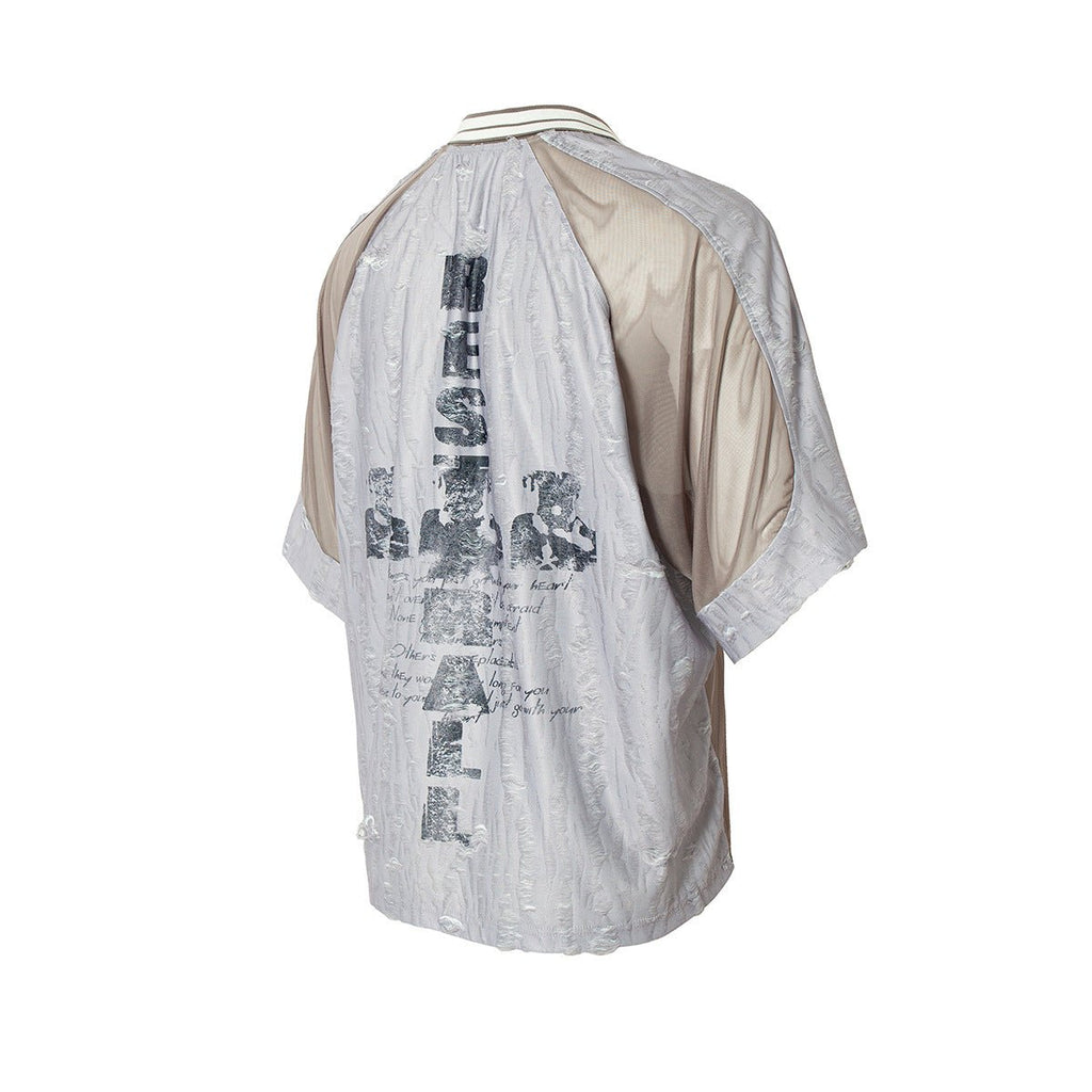 Men's Wood Grain Distressed Stitch Lapel Collar Short Sleeve Top - Maximus Grace